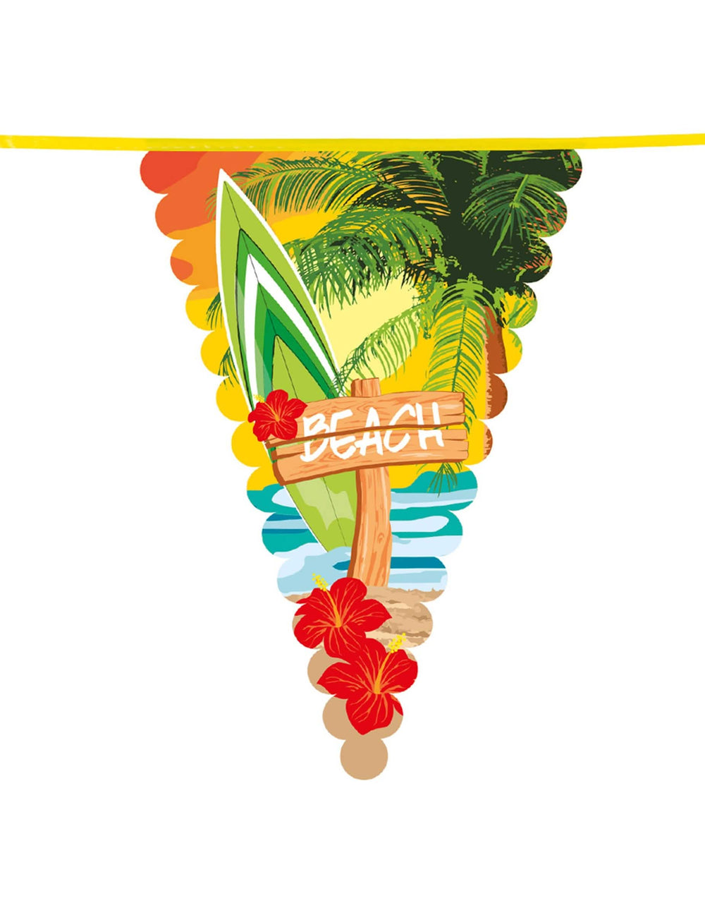 Detaliu al motivului de plajă și placă de surf al unui fanion din ghirlanda cu fanioane Beach party