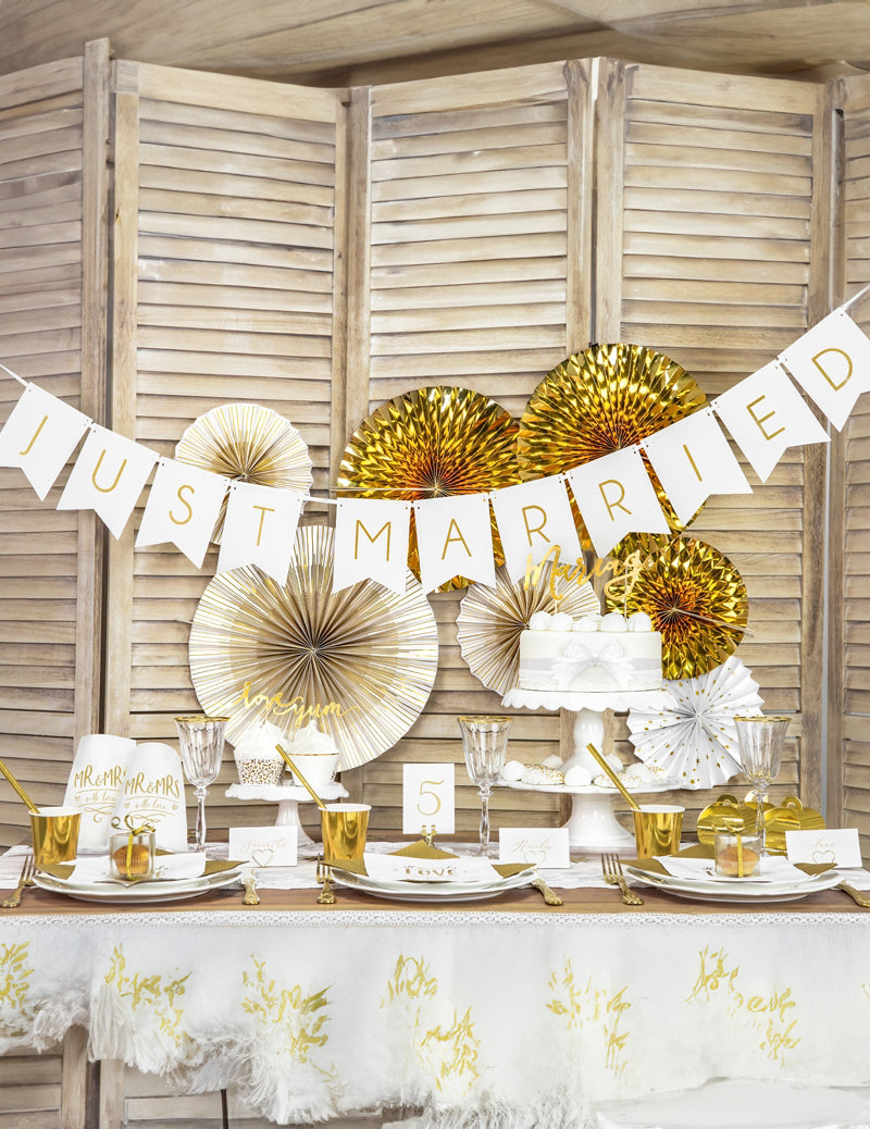 Ghirlandă de flori albe și aurii, proaspăt căsătoriți, 155 cm carton