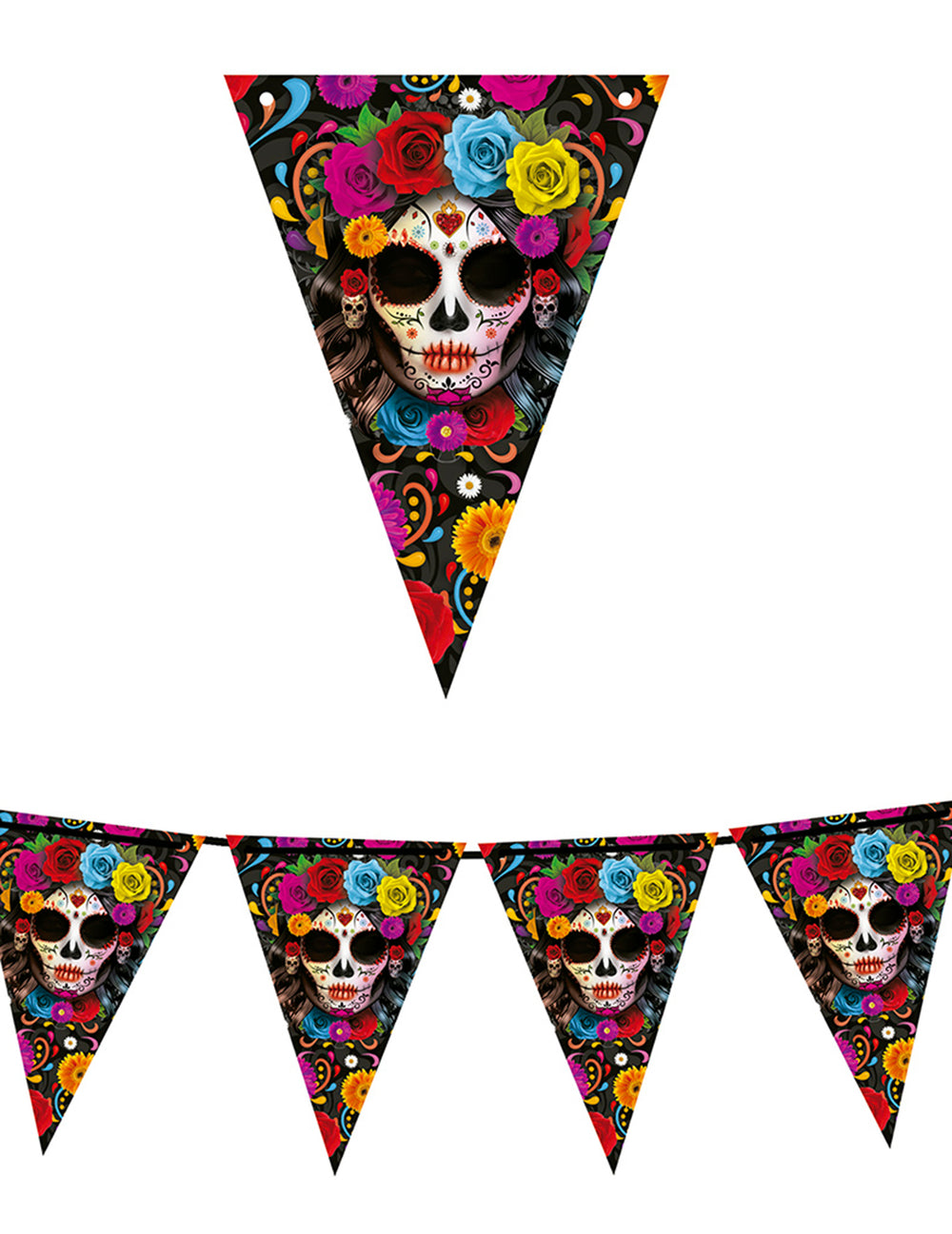 Gros plan sur un fanion de la guirlande à fanions Dia de los muertos