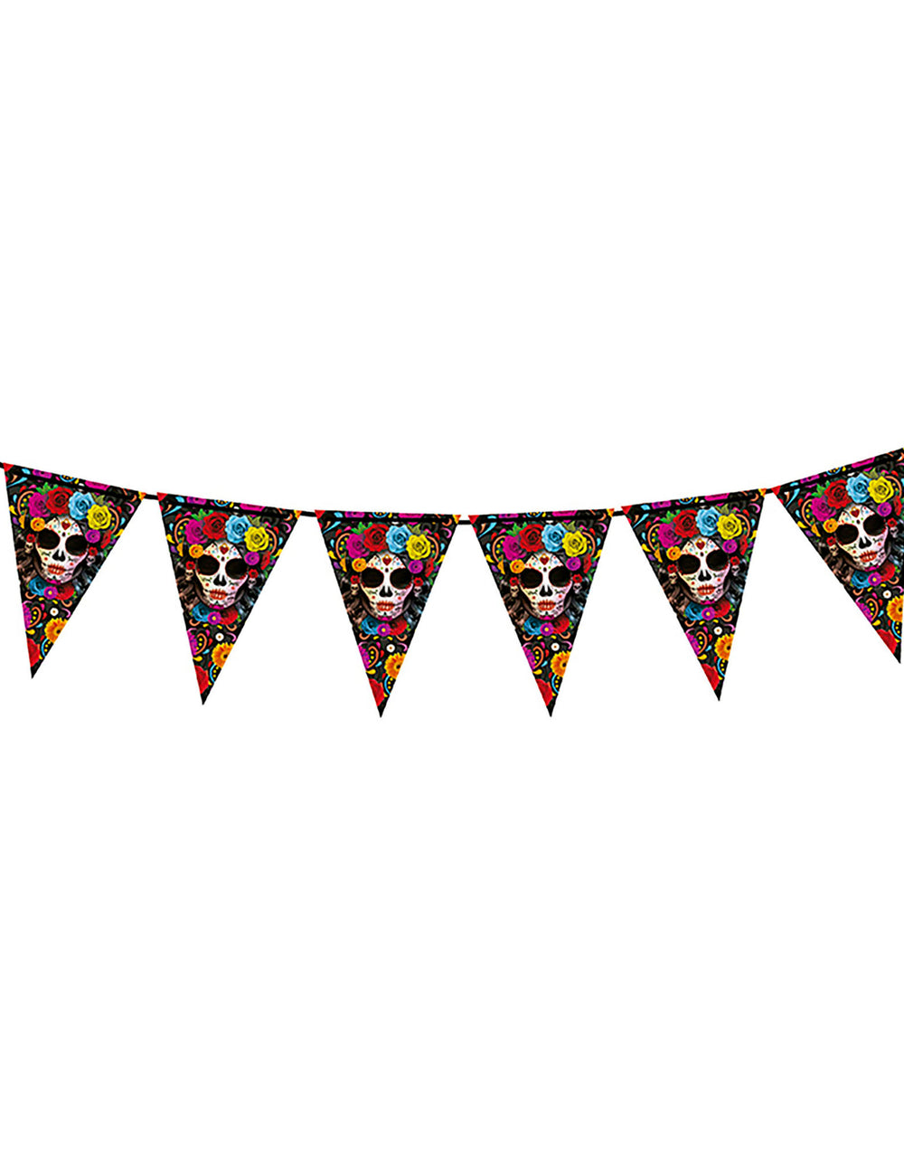 Guirlande à fanions Dia de los muertos pour fête multicolore avec têtes de mort et fleurs
