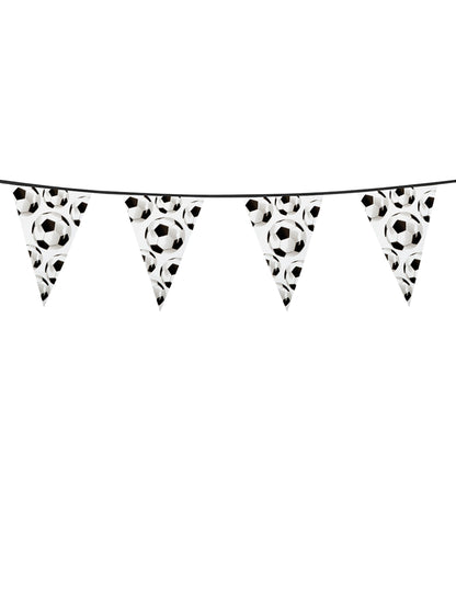 Ghirlandă cu fanioane Foot party albă și neagră cu imprimeu cu mingi de fotbal