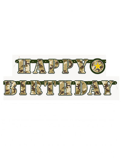 Guirlande articulée Happy Birthday militaire motif camouflage vert et marron