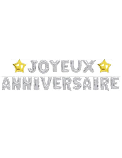Guirlande ballons Joyeux Anniversaire argentée avec étoiles dorées