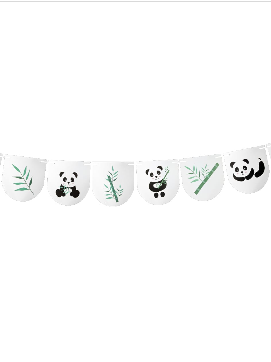 Guirlande de 11 fanions panda pour anniversaire blanche et verte avec bambou