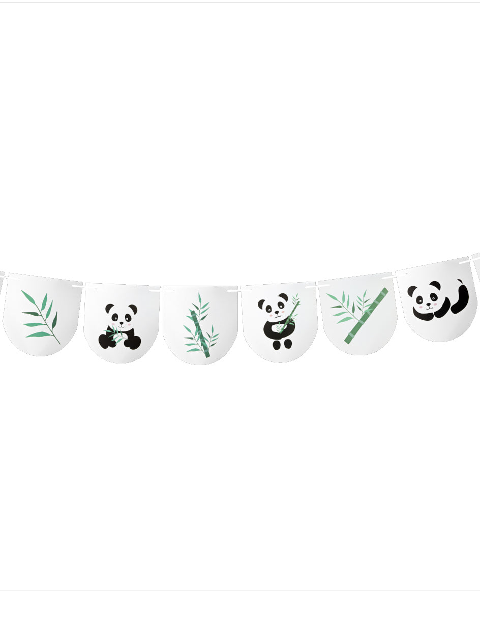 Guirlande de 11 fanions panda pour anniversaire blanche et verte avec bambou