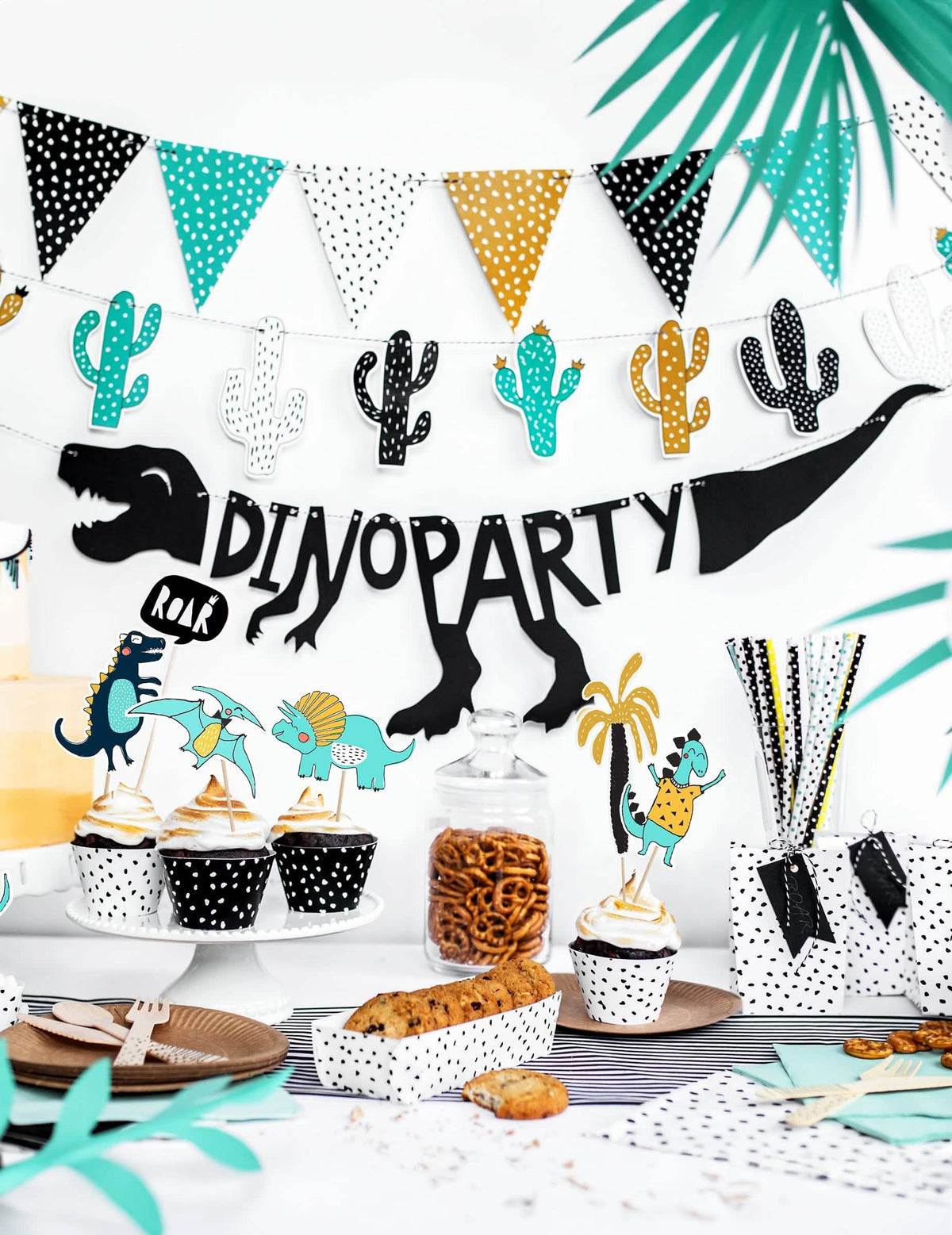 decorațiuni de masă dinozaur de la ghirlanda de fanioane cu buline alb pentru petrecere multicolor din carton