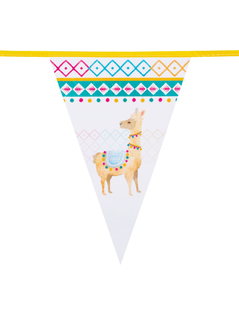 Détail du dessin de lama de la guirlande de fanions en plastique lama