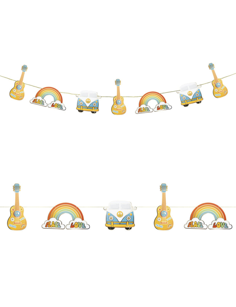 Guirlande en carton Hippie Party multicolore avec guitares arcs-en-ciel et vans