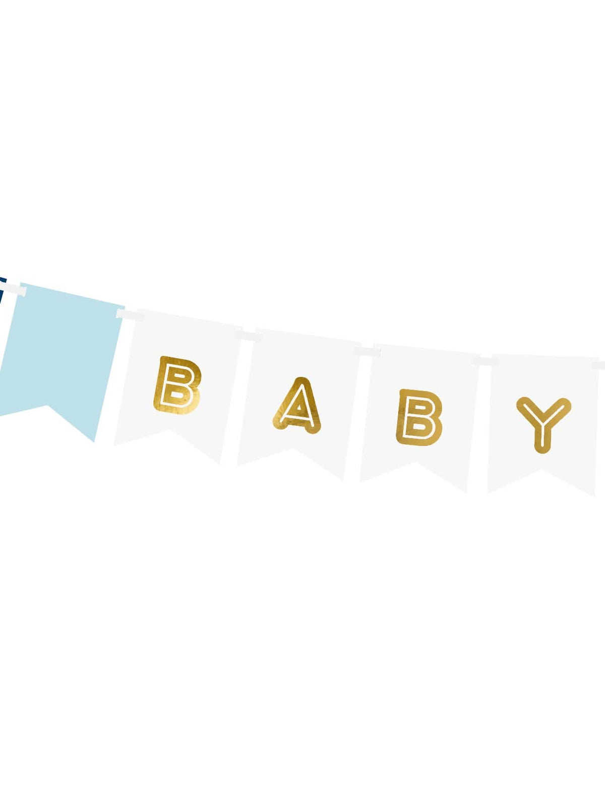 Prim-plan asupra inscripției aurii BABY de pe ghirlanda cu fanioane Baby Boy