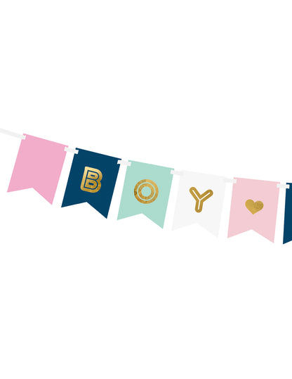 Ghirlandă din carton roz, albastru și auriu pentru petrecere de baby shower, 15 x 175 cm, cu tematică de băiat sau fetiță cm