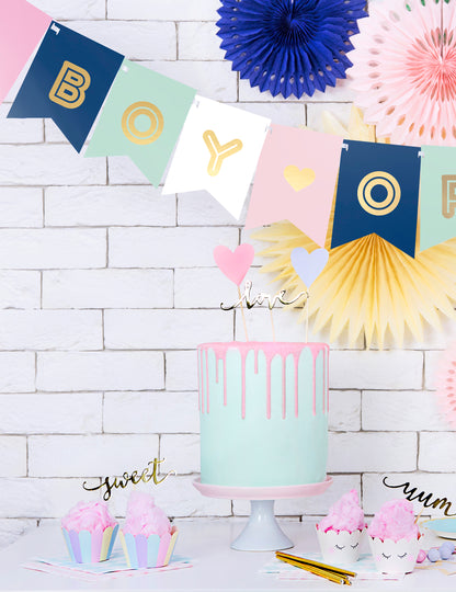 Ghirlandă din carton roz, albastru și auriu pentru petrecere de baby shower, 15 x 175 cm, cu tematică de băiat sau fetiță cm