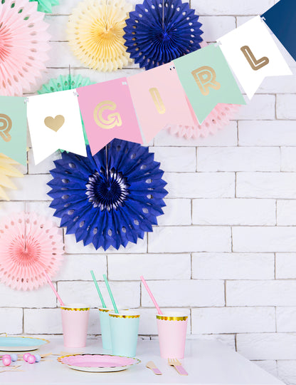 Ghirlandă din carton roz, albastru și auriu pentru petrecere de baby shower, 15 x 175 cm, cu tematică de băiat sau fetiță cm
