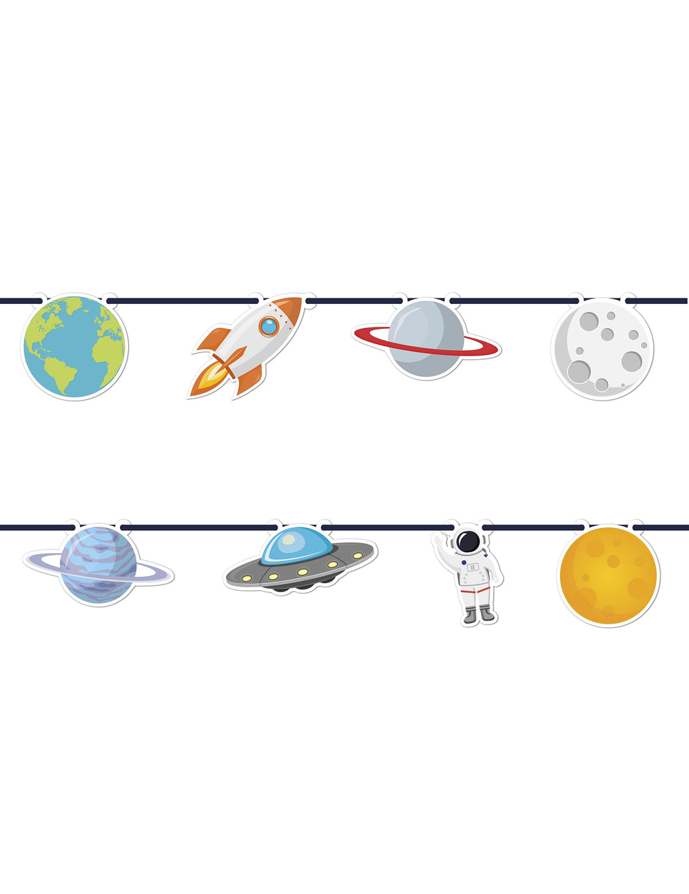 Guirlande en carton cosmos thème espace pour fête multicolore avec planètes fusée et astronaute