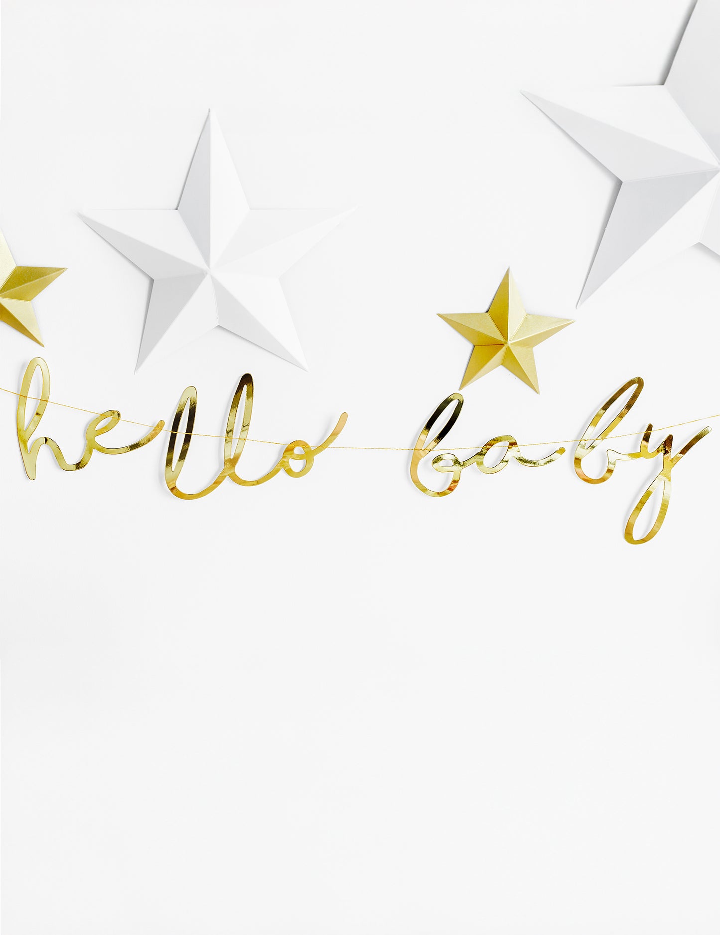 Ghirlandă din carton auriu metalizat „Hello Baby”, 18 x 70 cm cm pentru petrecerea de baby shower