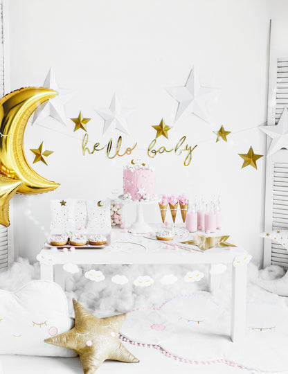 Ghirlandă din carton auriu metalizat „Hello Baby”, 18 x 70 cm cm pentru petrecerea de baby shower