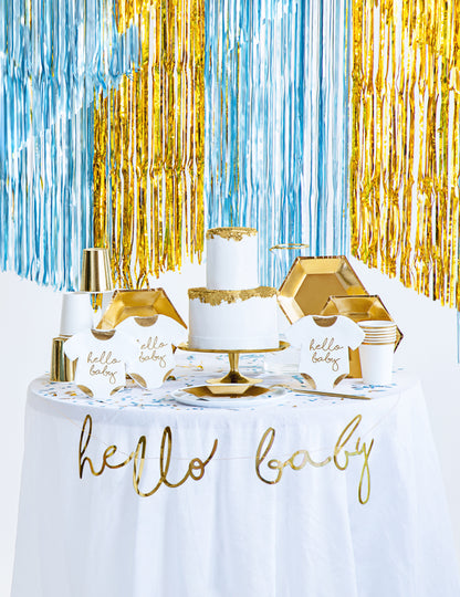 Ghirlandă din carton auriu metalizat „Hello Baby”, 18 x 70 cm cm pentru petrecerea de baby shower