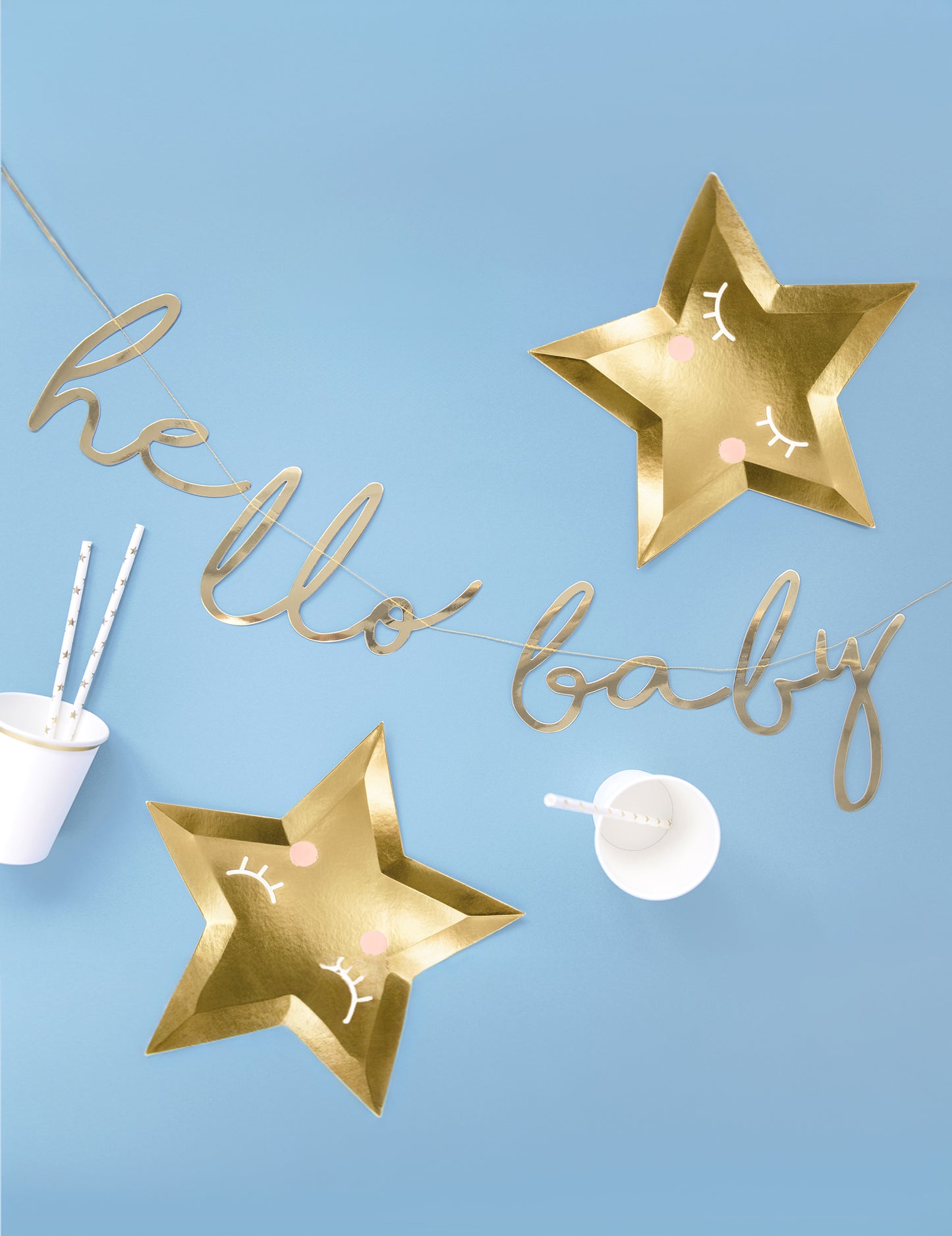 Ghirlandă din carton auriu metalizat „Hello Baby”, 18 x 70 cm cm pentru petrecerea de baby shower