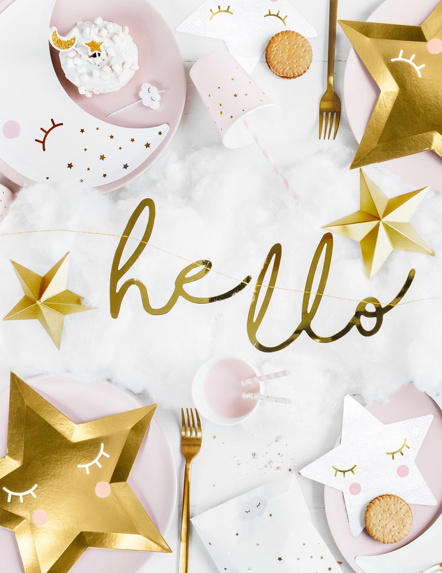 Ghirlandă din carton auriu metalizat „Hello Baby”, 18 x 70 cm cm pentru petrecerea de baby shower