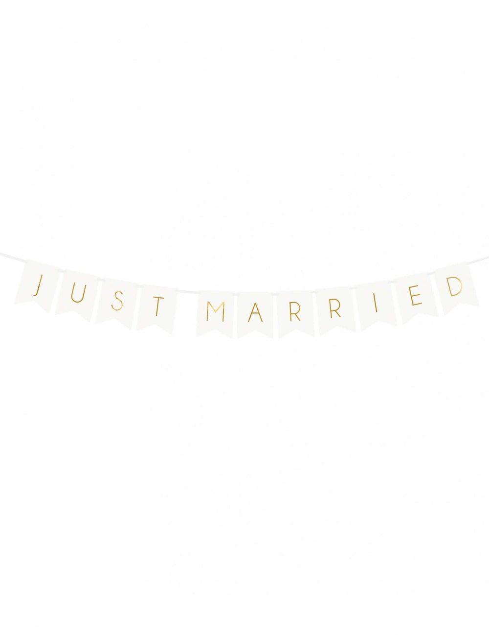 Vue de face de la guirlande en carton just married pour mariage