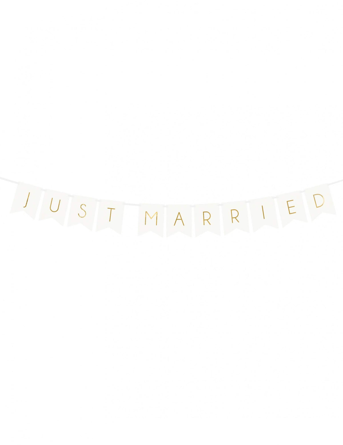Vue de face de la guirlande en carton just married pour mariage