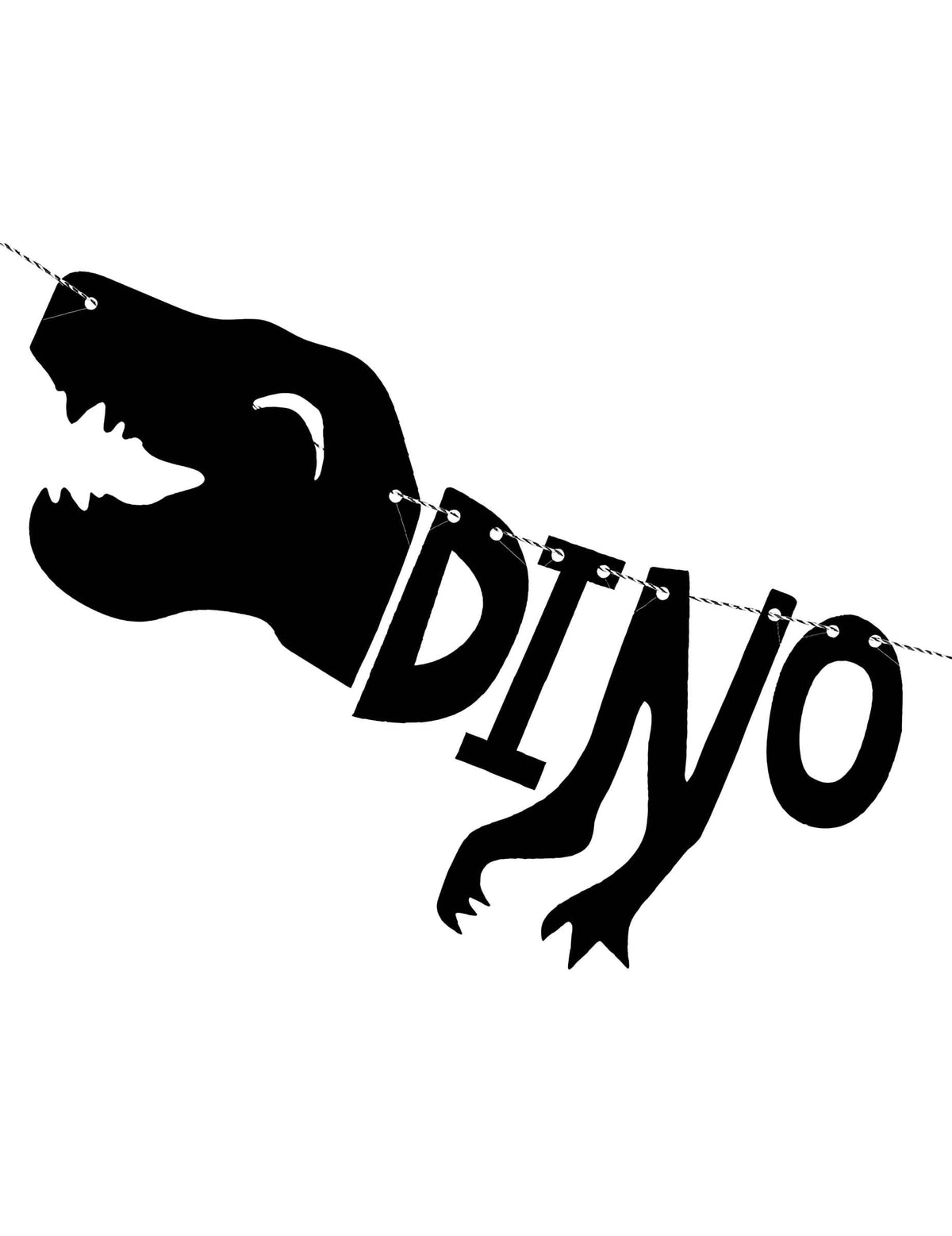 Detaliul capului și al inscripției DINO ale ghirlandei din carton schelet dino party