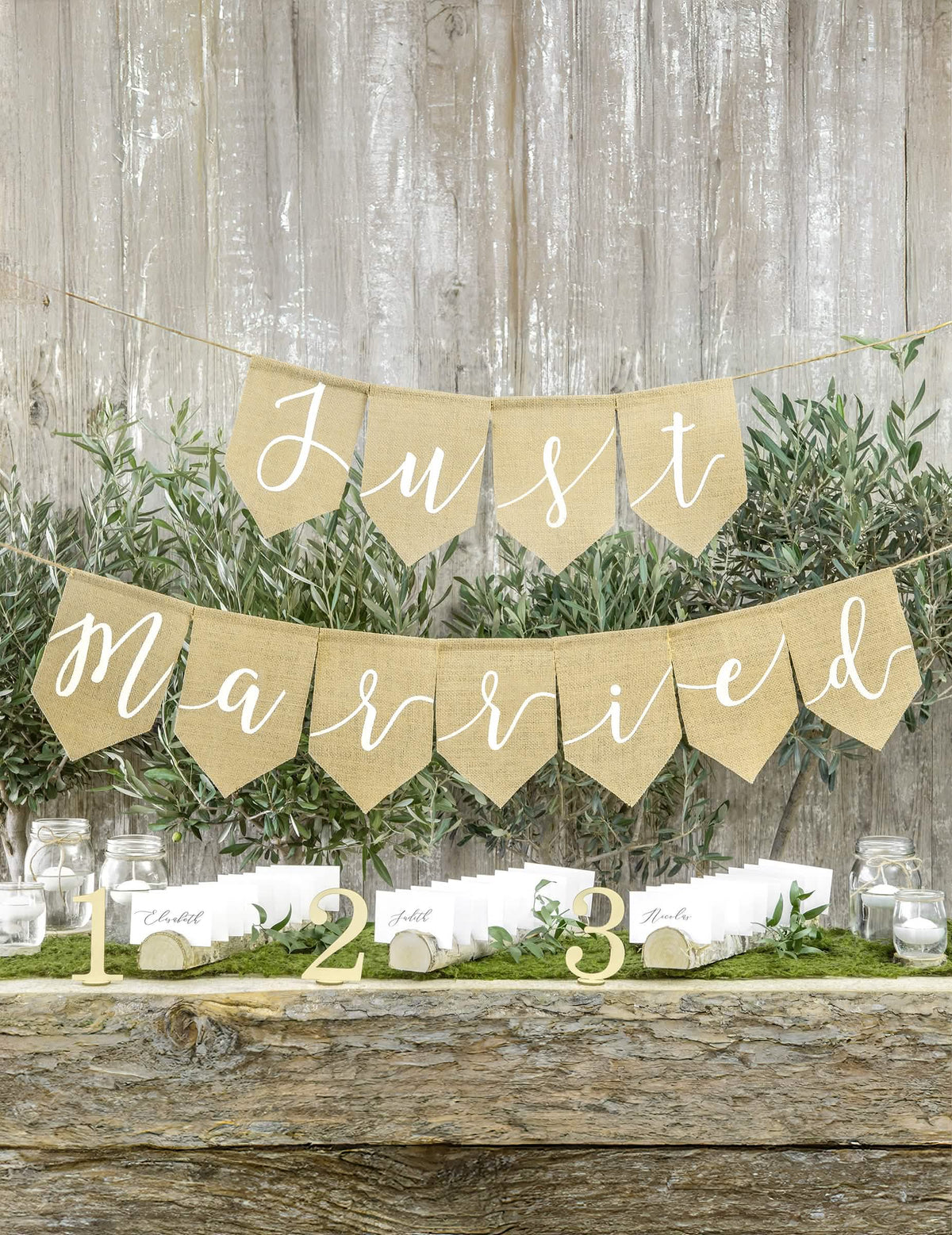 Situație de prezentare pentru ghirlanda Just Married pentru nuntă
