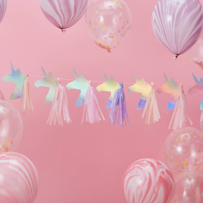 Guirlande en papier et tassel Licorne pour fête iridescente avec pompons roses et violets