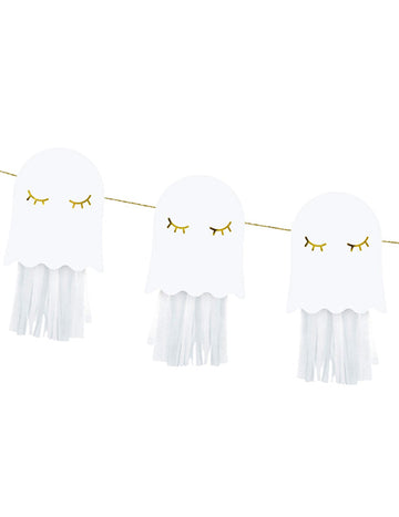 Ghirlandă de hârtie cu fantome albe și aurii, 1,3 m, necesită asamblare