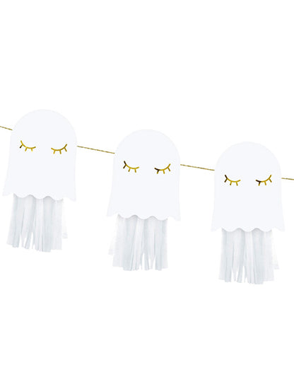 Ghirlandă de hârtie cu fantome albe și aurii, 1,3 m, necesită asamblare