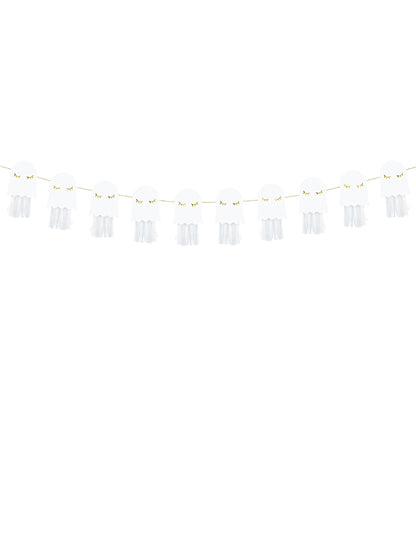 Ghirlandă de hârtie cu fantome albe și aurii, 1,3 m, necesită asamblare