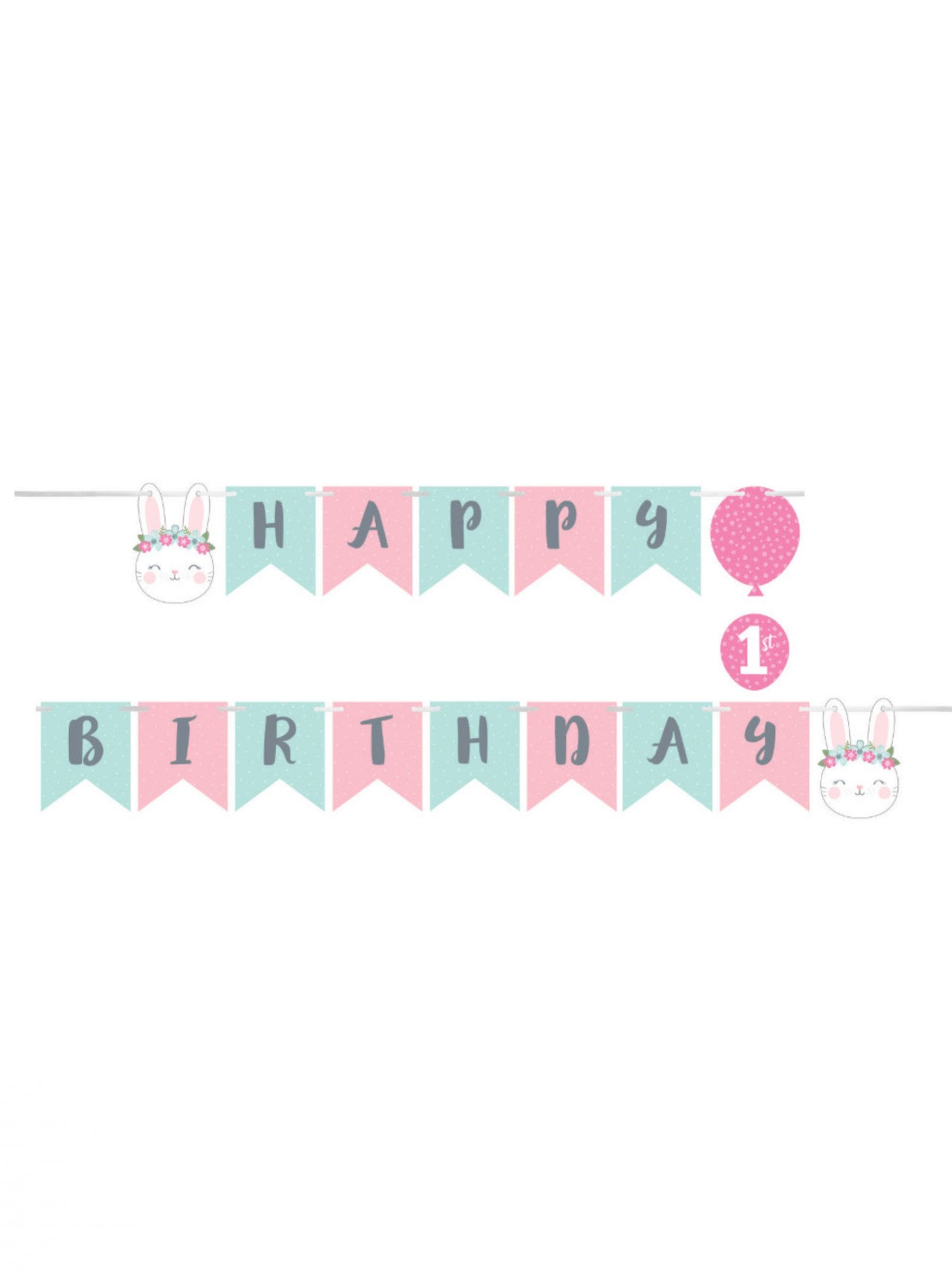 Guirlande happy birthday petit lapin pour 1er anniversaire rose et bleu pastel
