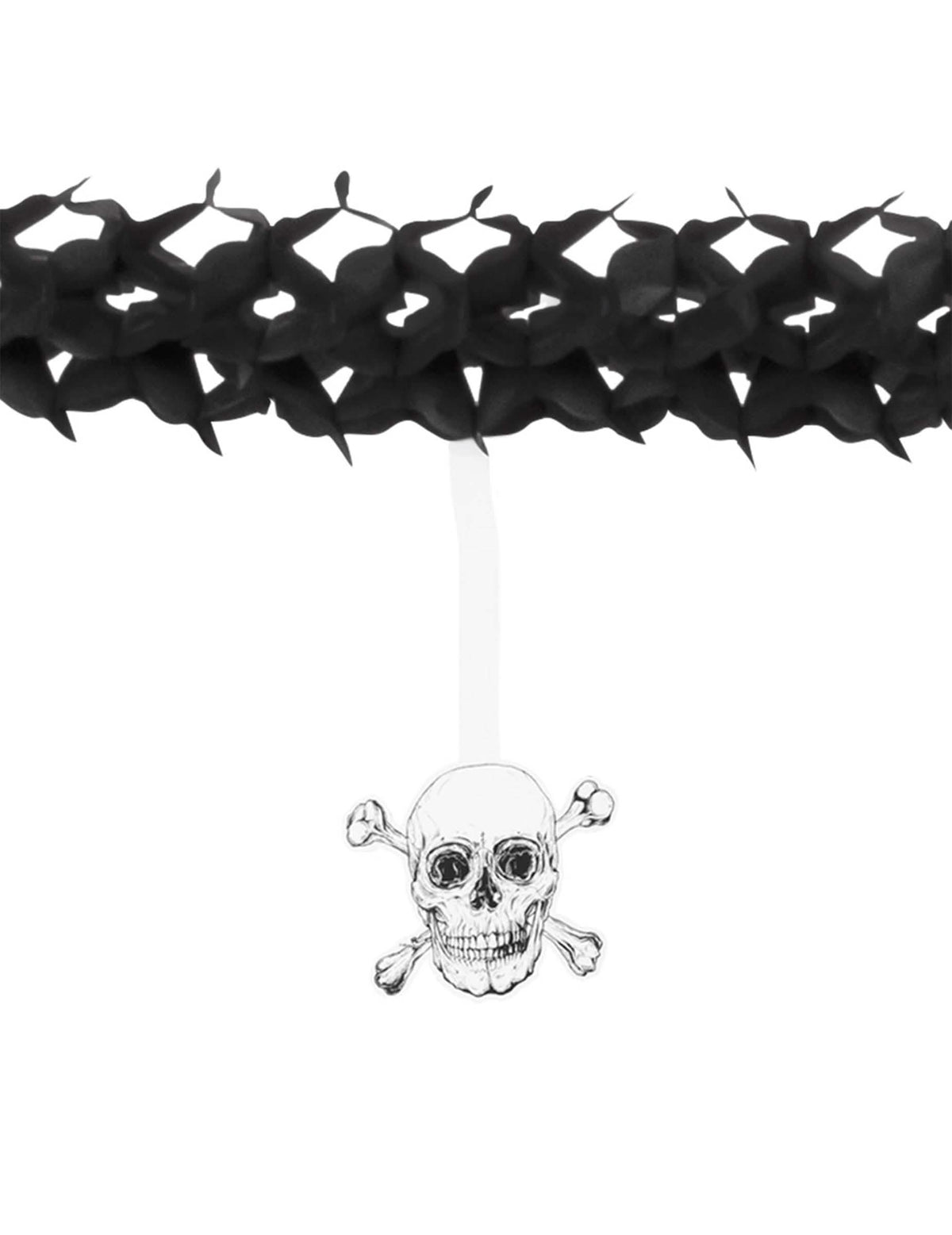 Prim-plan pe craniul suspendat al ghirlandei din hârtie Pirate Jolly Roger