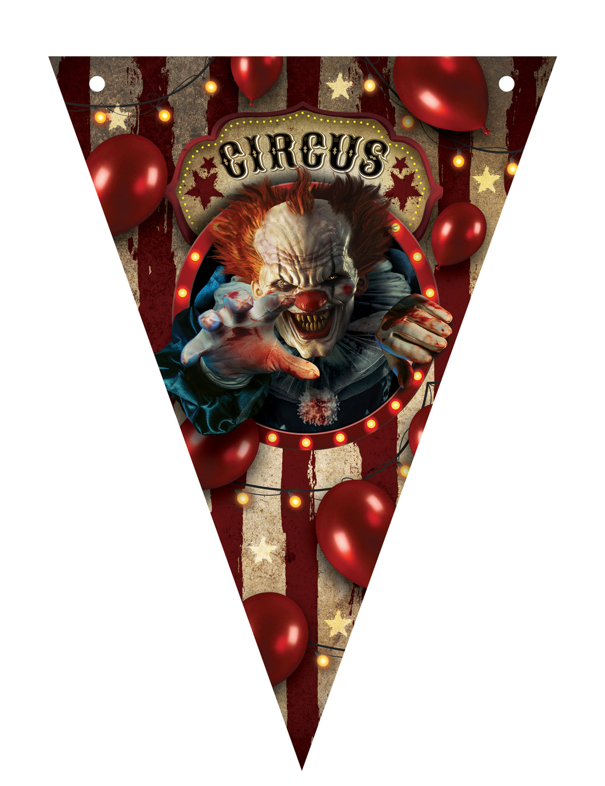 Gros plan sur un fanion de la guirlande en plastique clown d'Halloween