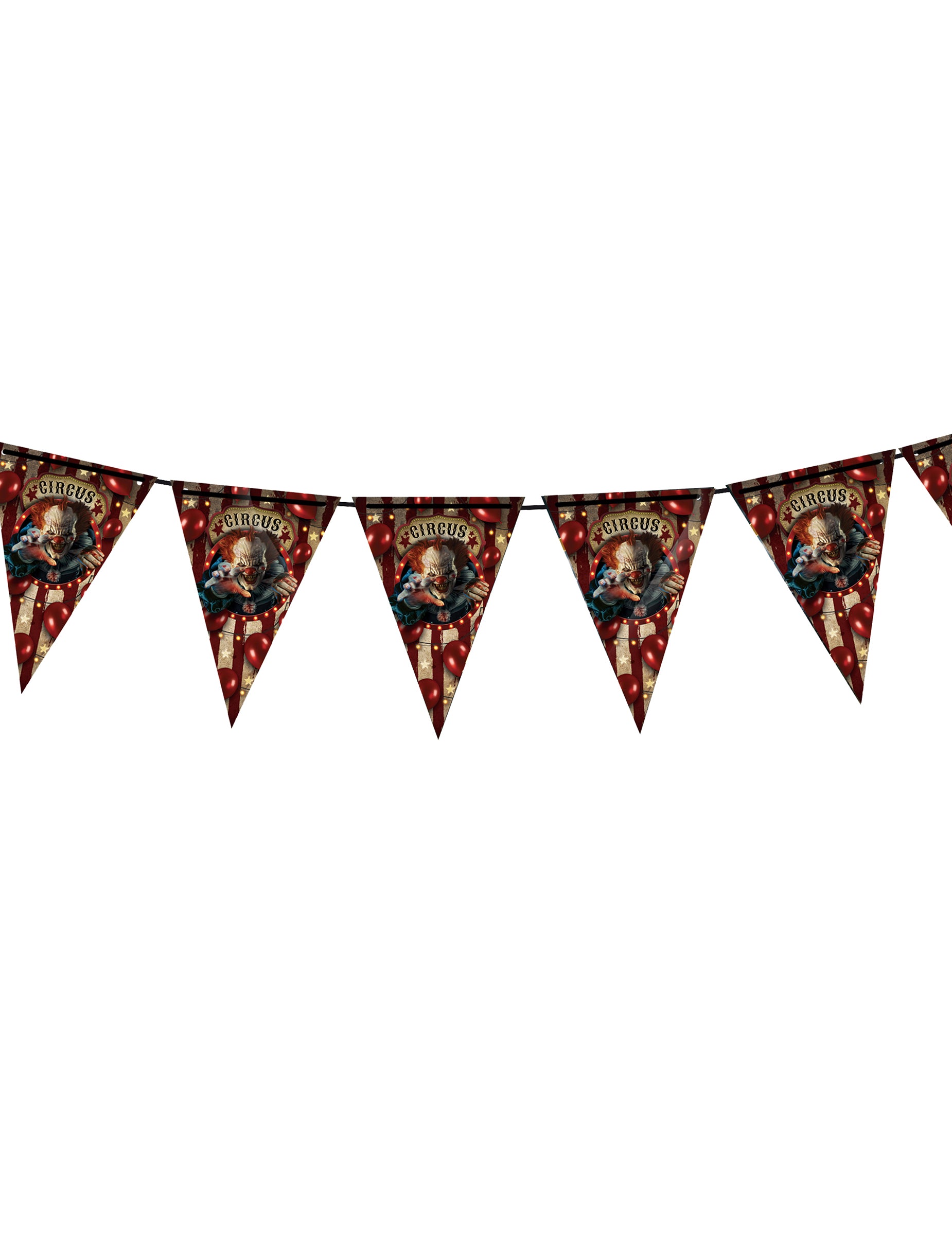 Guirlande en plastique clown d'Halloween rouge et beige à motifs de cirque