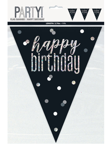 Ghirlandă din plastic neagră și gri „La mulți ani”, 2,7 m, cu fanioane argintii