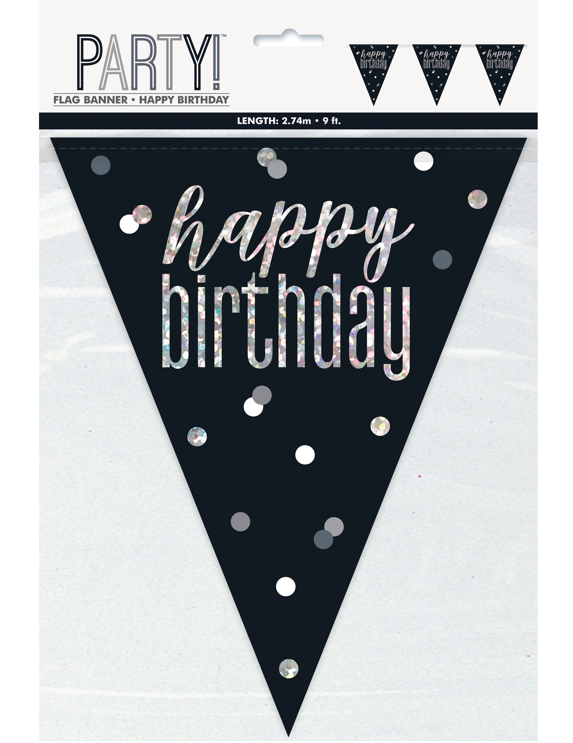 Guirlande à fanions Happy Birthday pour anniversaire noire et grise avec lettrage argenté