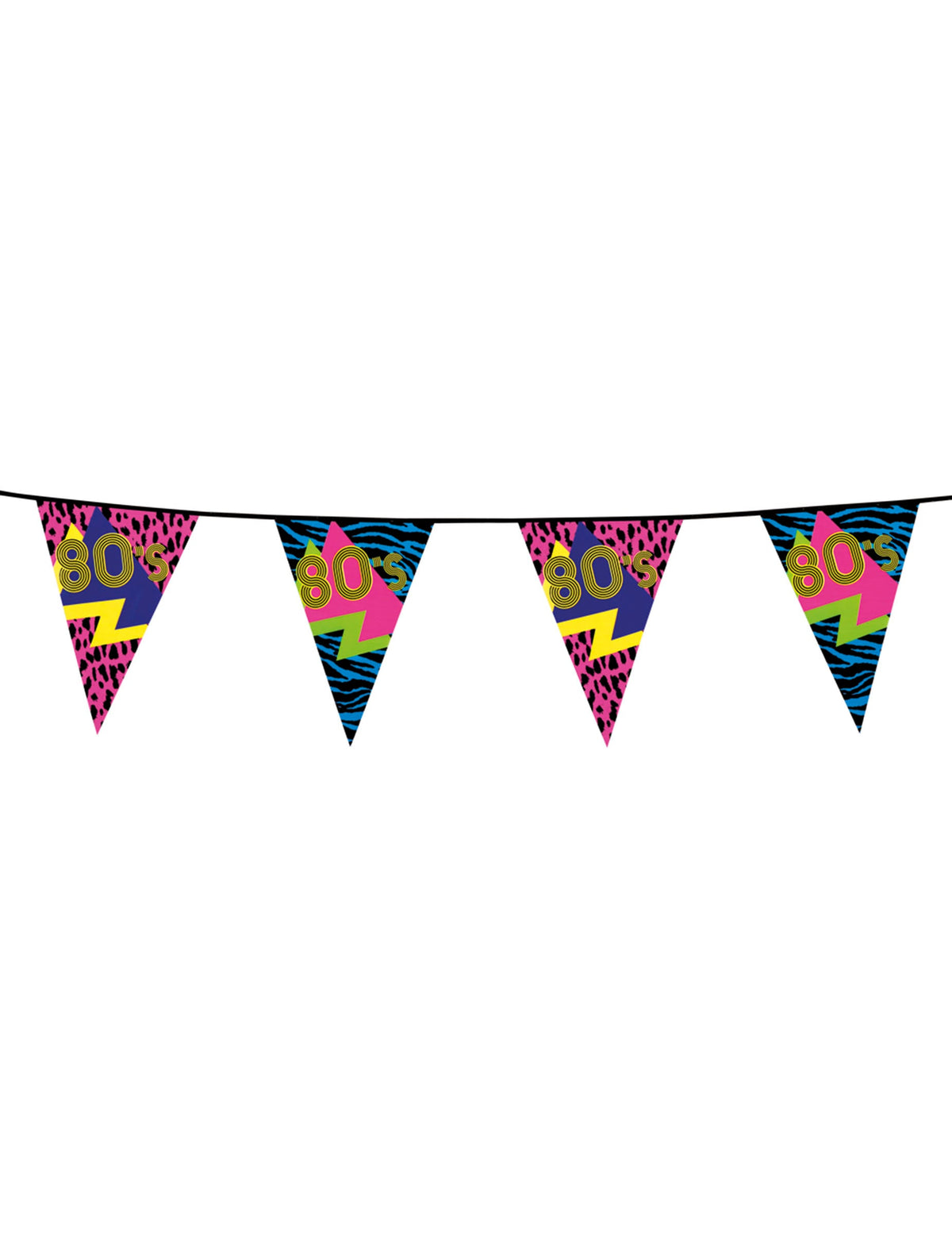 Guirlande fanions 80's Party multicolore aux motifs néon et imprimés animaux