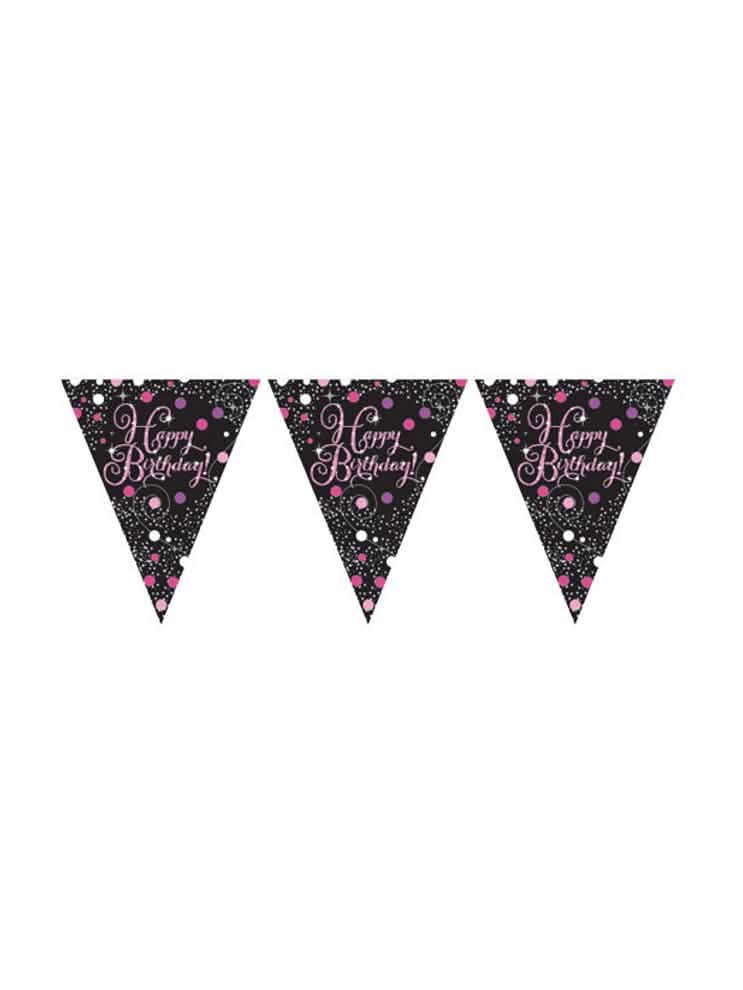 Guirlande fanions Happy Birthday pour anniversaire rose et noir célébration pétillante