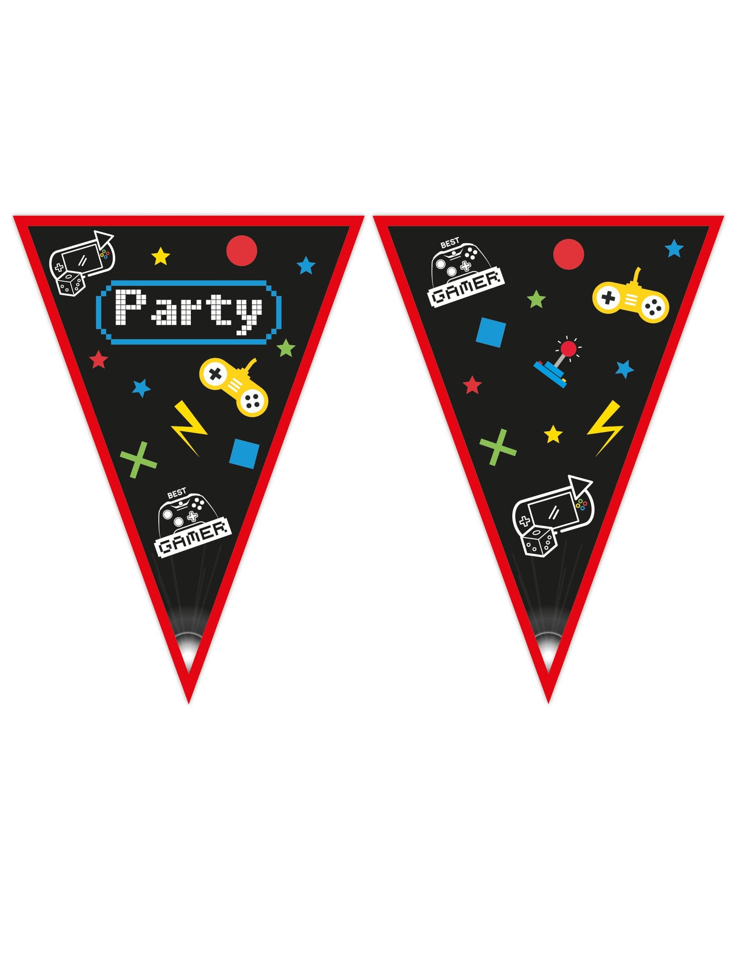 Guirlande fanions en papier Gaming Party pour fête noir et rouge à motifs manettes de jeux vidéo
