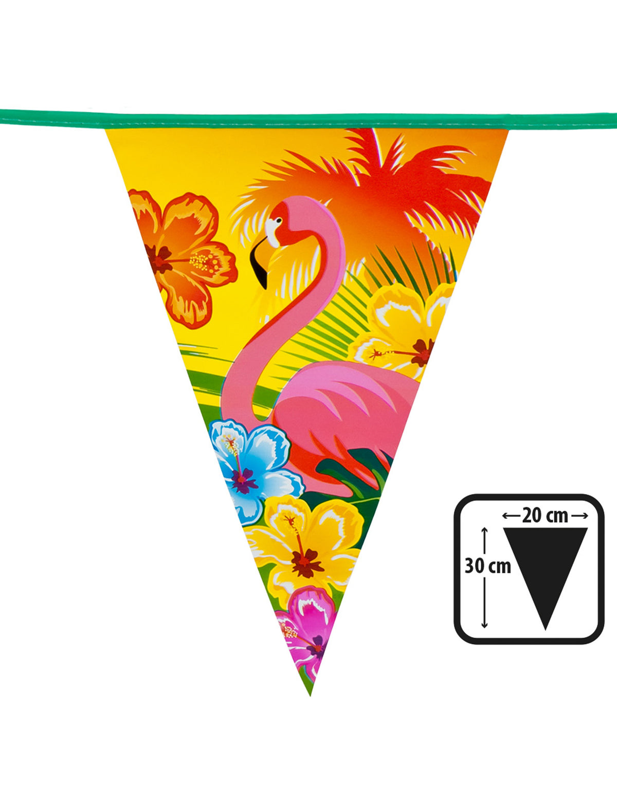 Détail des dimensions d'un fanion de la guirlande fanions Hawaï flamant rose