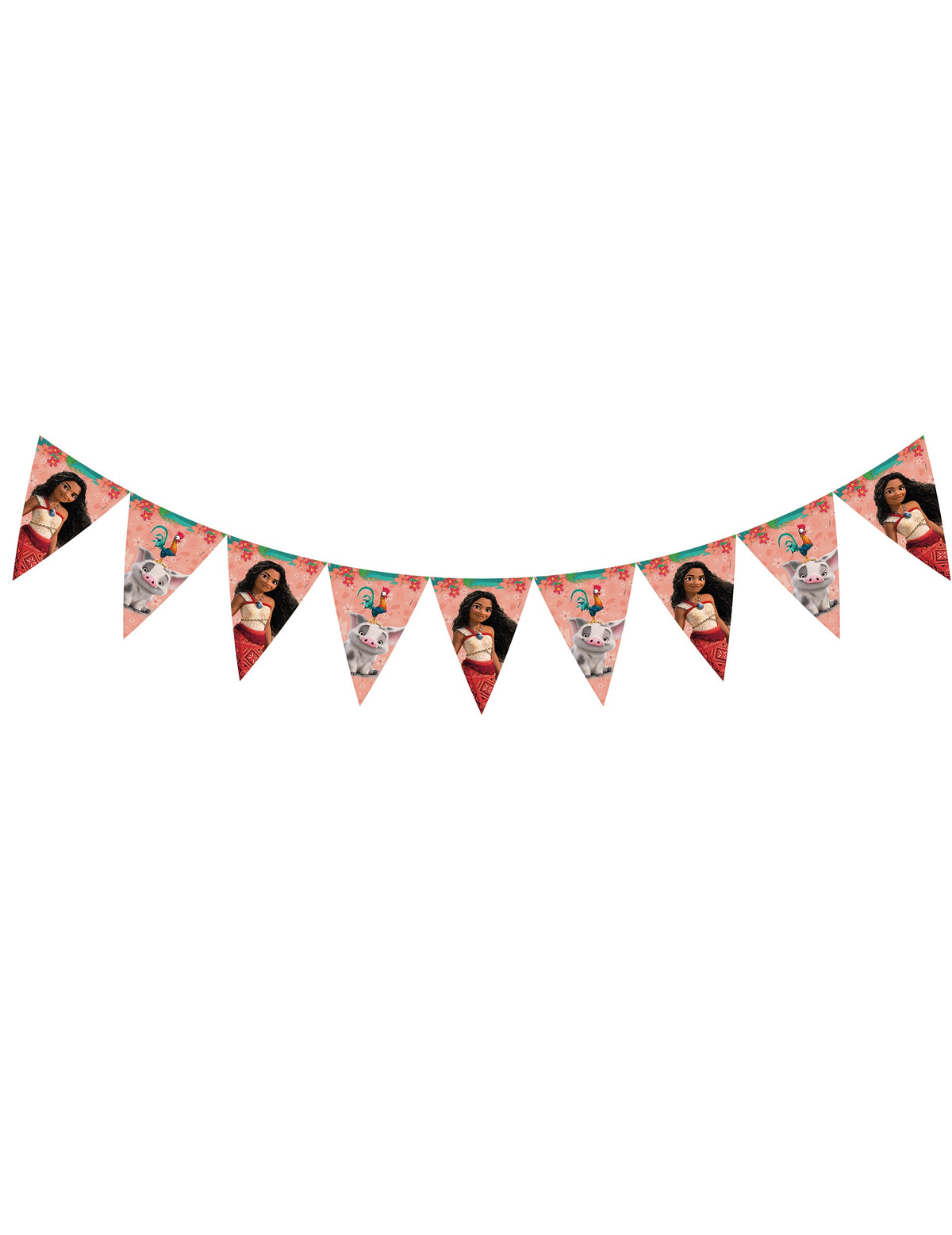 Guirlande fanions Vaiana 2 pour anniversaire rose avec motifs Vaiana et Pua