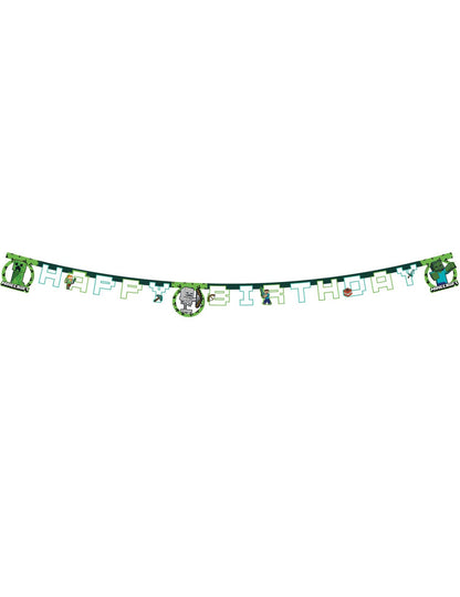 Guirlande Minecraft pour anniversaire enfant verte et blanche Happy Birthday
