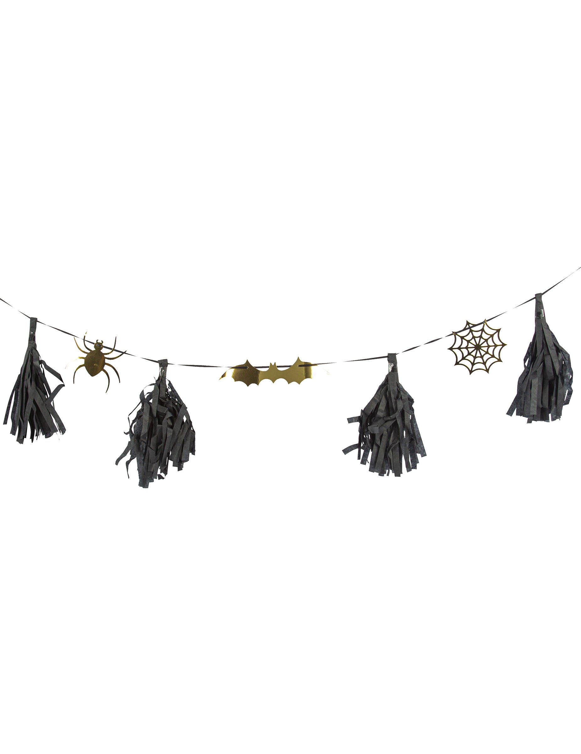 Guirlande Halloween noire et or avec tassels et motifs dorés araignée chauve-souris et toile
