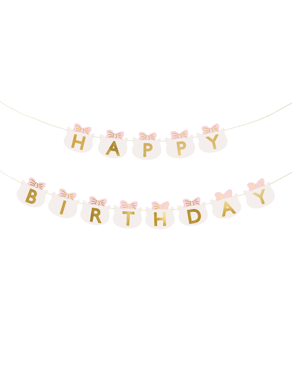 Guirlande happy birthday chatons pour enfant blanche aux nœuds roses et lettres dorées