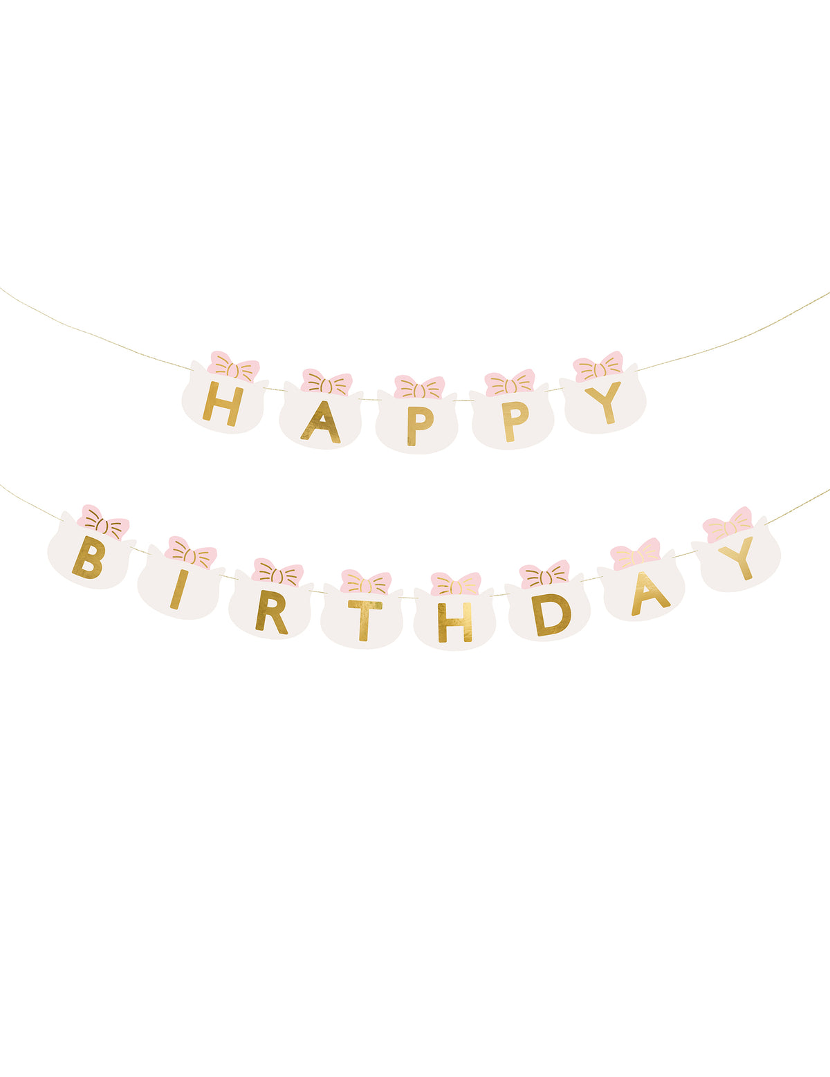 Guirlande happy birthday chatons pour enfant blanche aux nœuds roses et lettres dorées