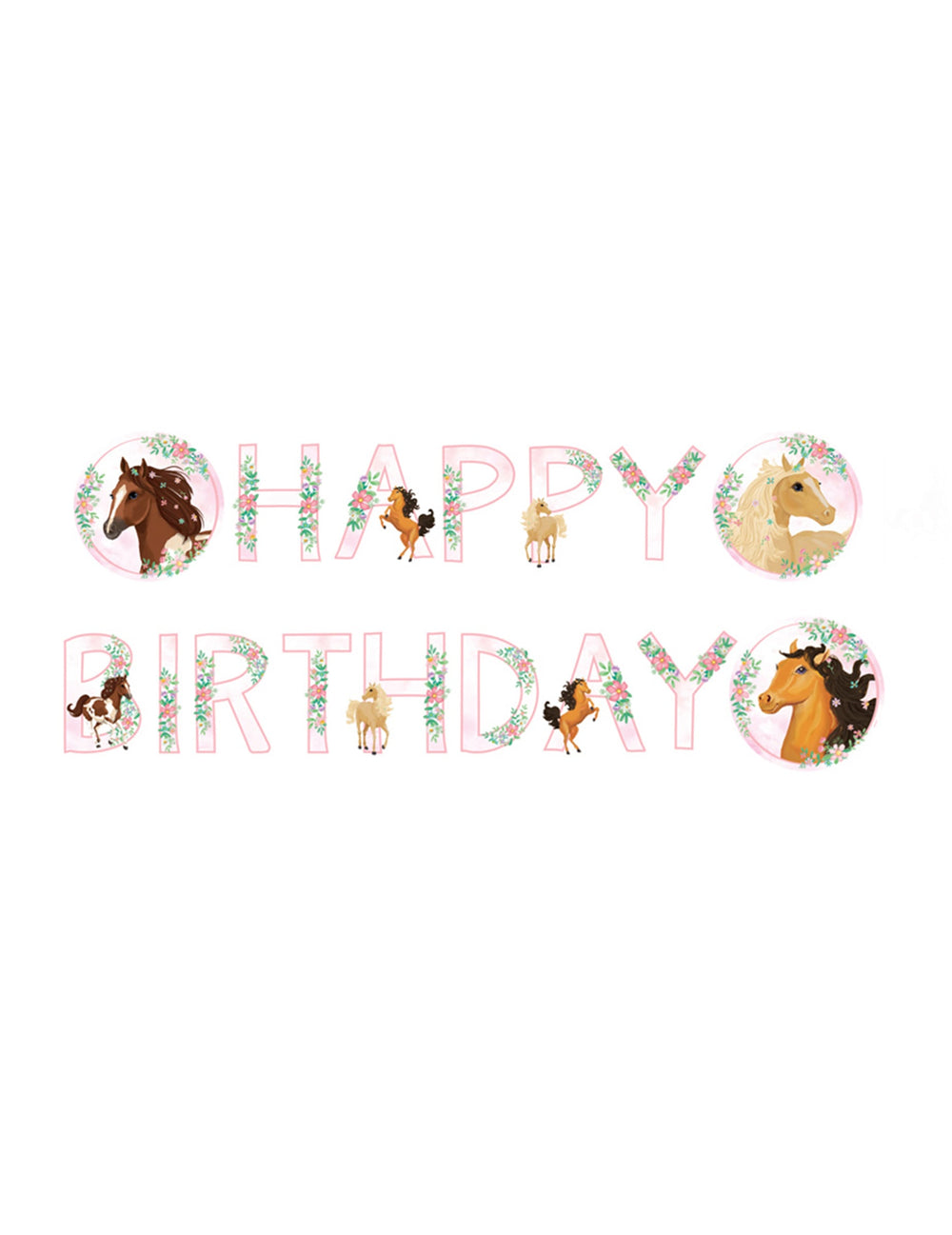 Guirlande happy birthday joli cheval pour enfant rose en carton avec fleurs