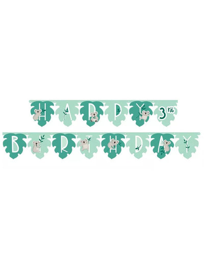 Guirlande en carton happy birthday koala pour anniversaire thème jungle verte en forme de feuilles