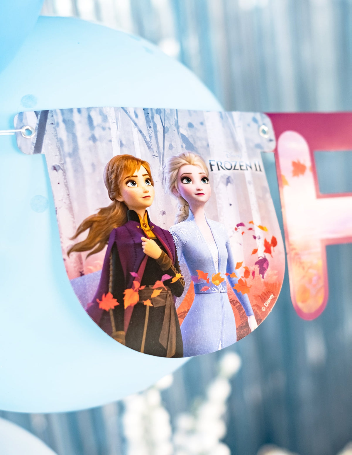 Guirlande happy birthday La Reine des Neiges 2 pour enfant bleue avec Anna et Elsa