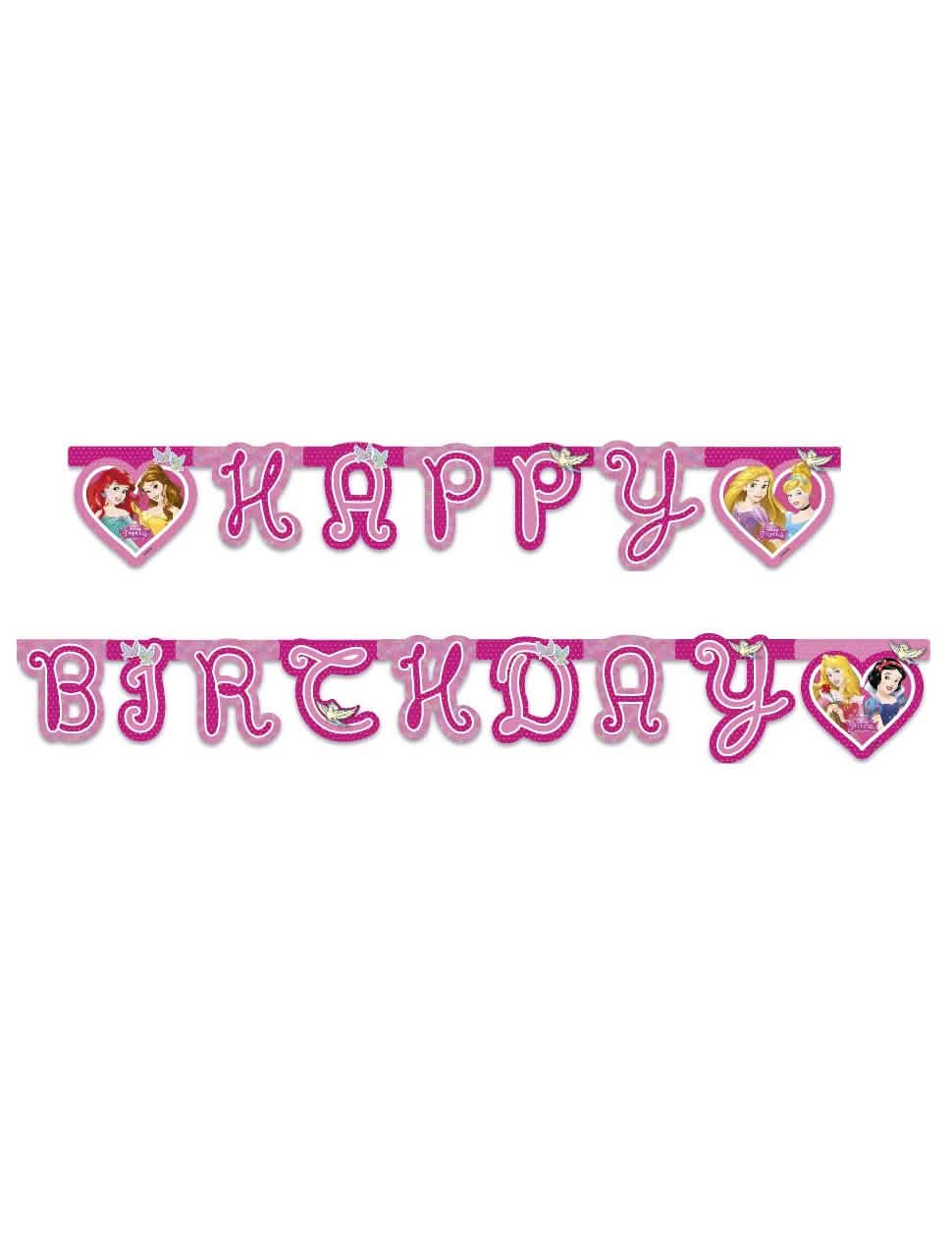 Ghirlandă Happy Birthday prințese Disney pentru copil roz cu motive inimi