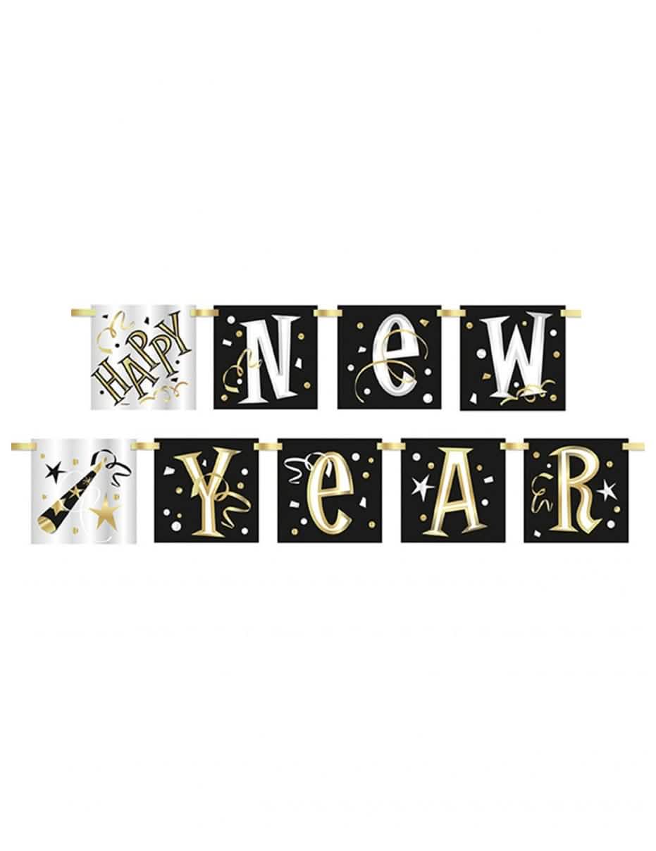 Ghirlandă din carton Happy New Year pentru petrecere negru alb și auriu